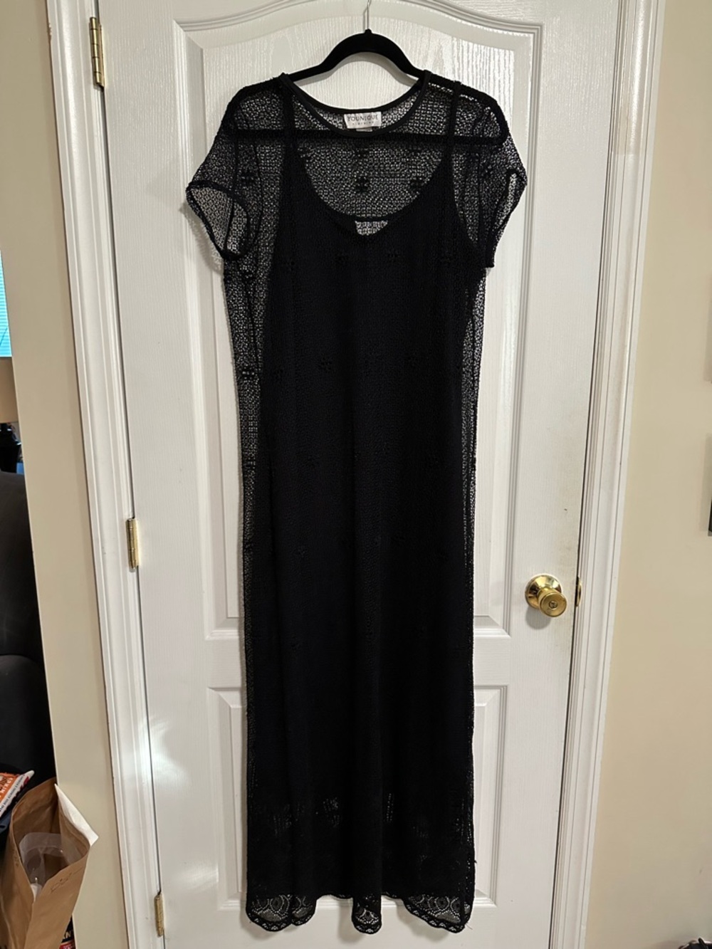 Younique Black Lace Maxi Dress XL 2 Piece Slip Boho Layered